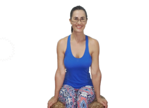 Elaine Reynolds CoreStrength50plus ZenStrength50plus sitting on stool. Posture and digestion